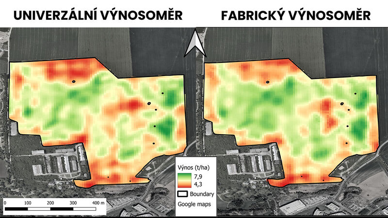 Srovnání výnosových map z Univerzálního a fabrického výnosoměru, které byly osazeny na stejné sklízecí mlátičce